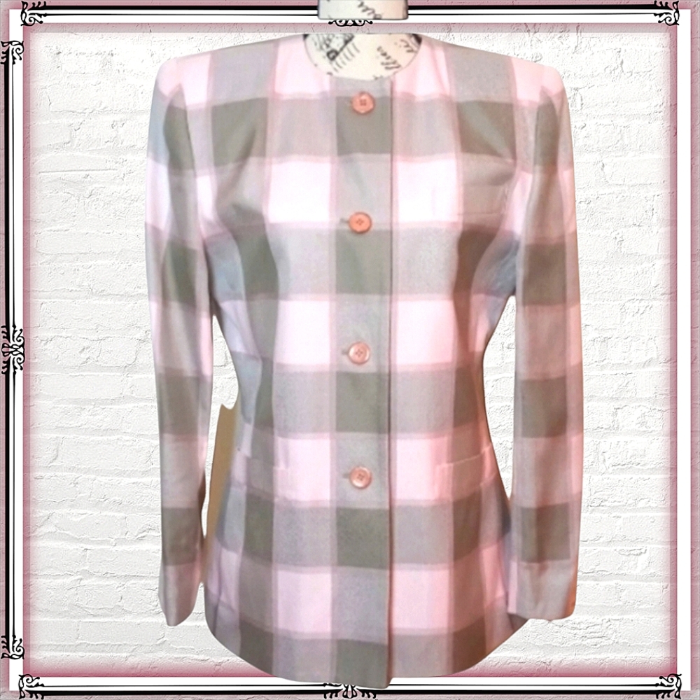 Vintage En Avance Pink & Brown Buffalo Plaid Collarless Blazer Size 8